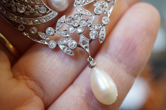 A fine Belle Epoque natural pearl and diamond pendant, circa 1910